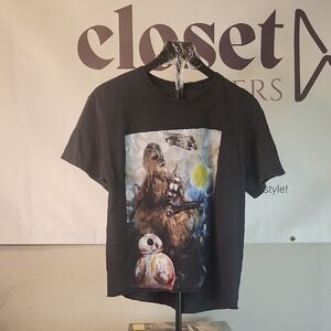 Cropped Black Graphic T-Shirt with Chewbacca and BB-8